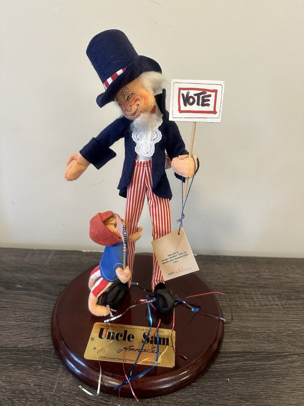 1992 Annalee Doll Uncle Sam Child Wood Stand Brass Plaque #163 Society Folk Hero